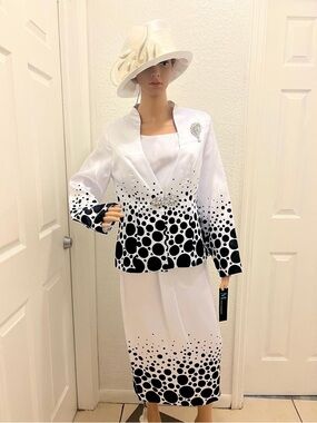 Elegant White & Black Polka Dot Women's Skirt Suit